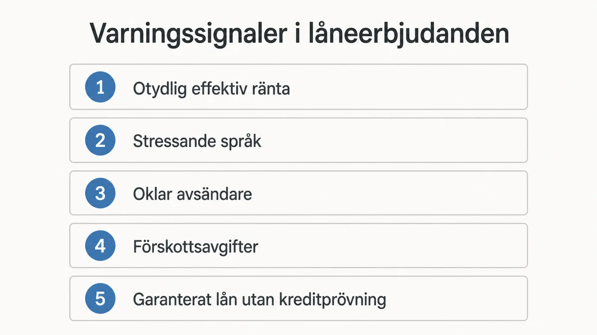 Översikt över fem varningssignaler i oseriösa låneerbjudanden.